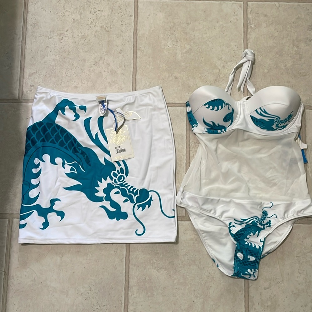 Lisa Blue Water Dragon Swimsuit Bikini NWT (sample) white & teal, 2 pcs